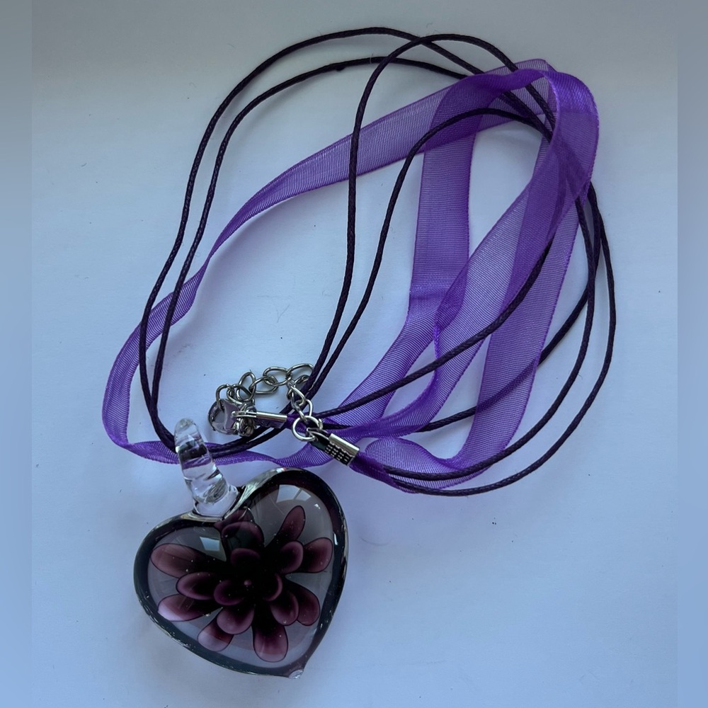 New Clear Glass Heart w/Burgundy Flower Pendant & Purple Ribbon/Cord Necklace